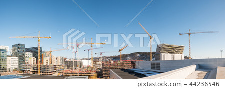 Construction building with cranes and derrick Construction building with cranes and derrick 44236546