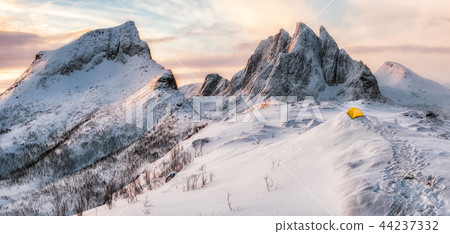 Panorama of Steep peak mountains with covered snow 44237332