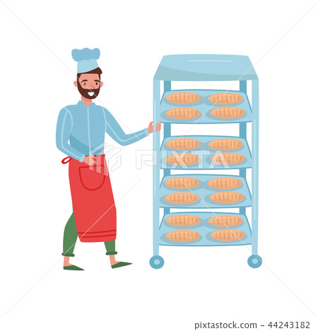 Young man pushing rack with freshly-baked...-插圖素材 [44243182] - PIXTA圖庫