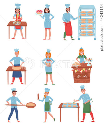 Flat vector set of bakers characters. Happy people in working uniform. Young men and women working Flat vector set of bakers characters. Happy people in working uniform. Young men and women working 44243184