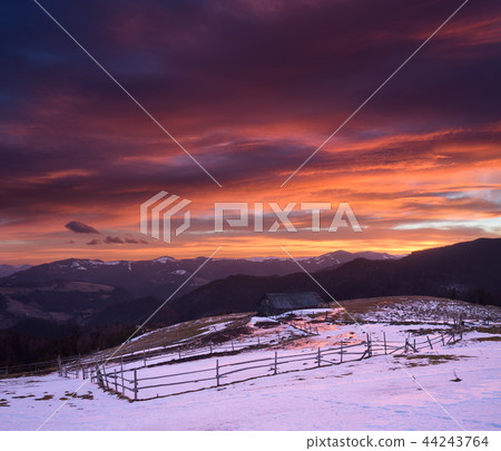 Beautiful sunrise in mountain village Beautiful sunrise in mountain village 44243764