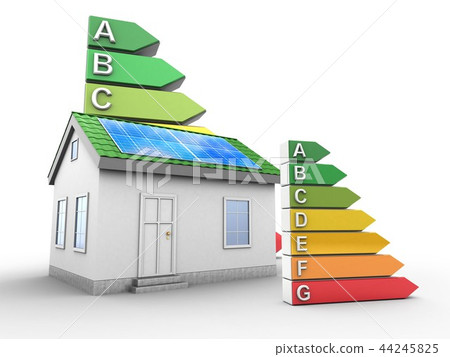 3d illustration of green house with energy rating  44245825