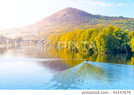Radobyl Mountain in Ceske Stredohori, Central Bohemian Uplands. View from Labe River in Litomerice 44247676