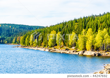 Mountain water reservoir Josefuv Dul, aka Josefodolska Dam, Jizera Mountains, Czech Republic. Sunny Mountain water reservoir Josefuv Dul, aka Josefodolska Dam, Jizera Mountains, Czech Republic. Sunny 44247692