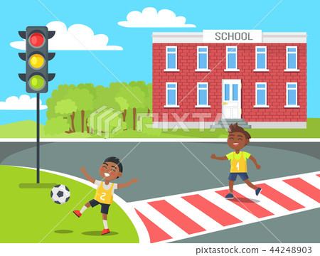 Banner of Kids Near School in Cartoon Style Vector 44248903