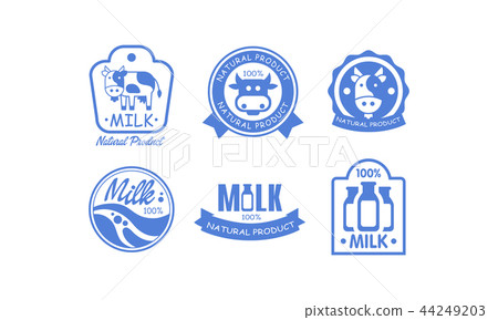 Milk products logos set, fresh dairy natural food label, emblem design in blue colors vector Milk products logos set, fresh dairy natural food label, emblem design in blue colors vector 44249203