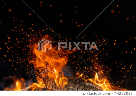 Burning wooden logs in fire, campfire on black Burning wooden logs in fire, campfire on black 44252085