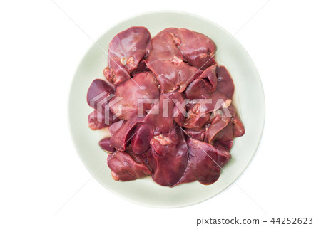 Fresh raw chicken liver on a plate. Isolated 44252623
