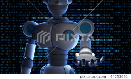 Robot open his hand with empty space and binary data number back 44253661