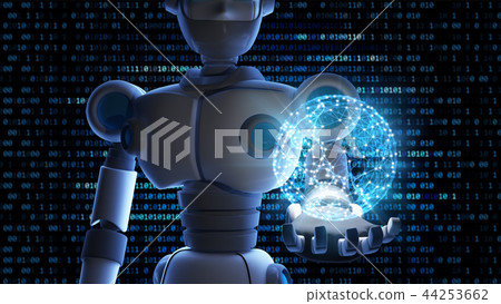 Robot holding the planet earth in virtual display isolated on bi 44253662