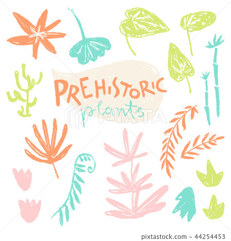 Vector collection of hand drawn textured prehistoric plants. Nai Vector collection of hand drawn textured prehistoric plants. Nai 44254453