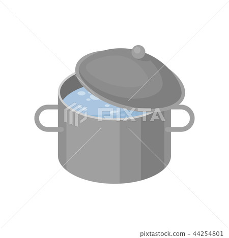 Isometric vector icon of gray metal pan with boiling water. Iron cooking pot with lid. Kitchenware 44254801