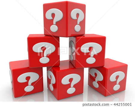 Red cubes piled into the pyramid with question mar 44255001