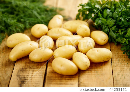 fresh new potatoes and a bunch of dill and parsley on an old wooden table 44255151