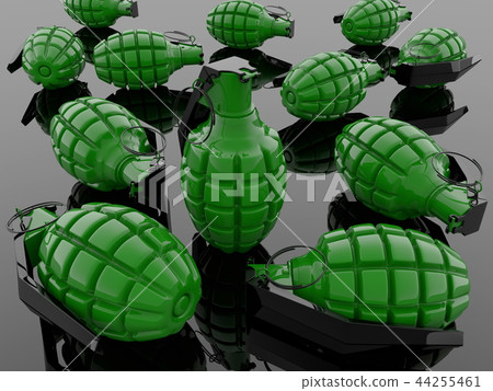 Green grenades scattered on black surface 44255461