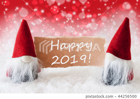Red Christmassy Gnomes With Card, Text Happy 2019 Red Christmassy Gnomes With Card, Text Happy 2019 44256500