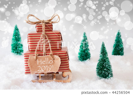 Christmas Sleigh On White Background, Hello 2019 Christmas Sleigh On White Background, Hello 2019 44256504