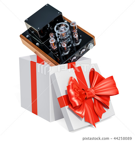 Gift Box With Vintage Vacuum Tube Amplifier Stock Illustration