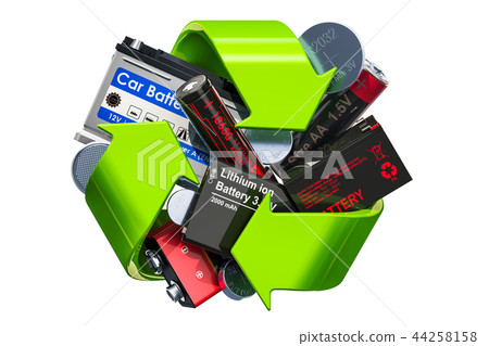 Green recycle symbol with batteries, 3D rendering 44258158