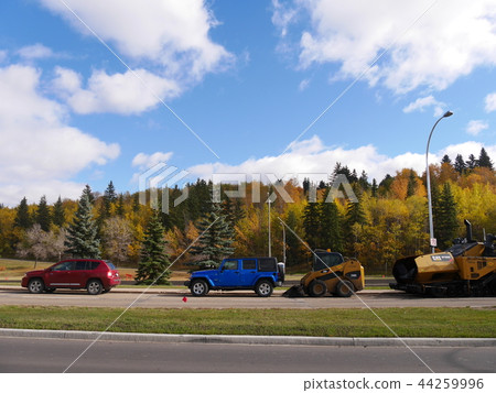 Colorful cars and autumn leaves in Edmonton, Canada 44259996