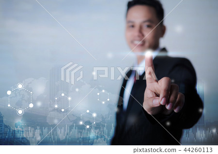Business man pointing finger to hud graph Business man pointing finger to hud graph 44260113