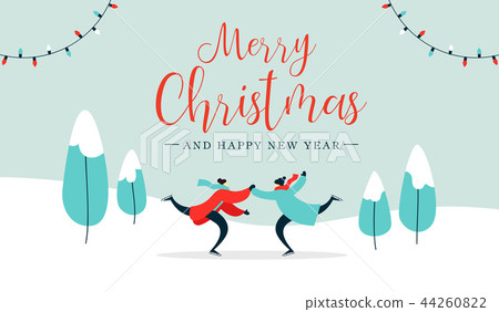 Christmas card young couple ice skating outdoors 44260822