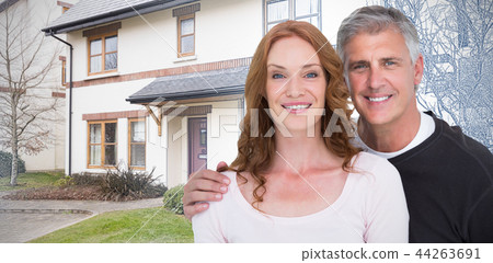 Composite image of casual couple smiling at camera Composite image of casual couple smiling at camera 44263691