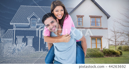 Composite image of happy man giving his girlfriend piggy back Composite image of happy man giving his girlfriend piggy back 44263692