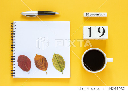 calendar November 19 cup of coffee, notepad with pen and yellow leaf on yellow background 44265082