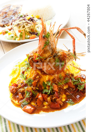 Thai omelet with prawn in spicy sour sauce. Thai omelet with prawn in spicy sour sauce. 44267804