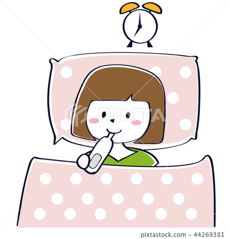 可愛的俏麗的婦女測量的體溫，當睡覺時 44269381