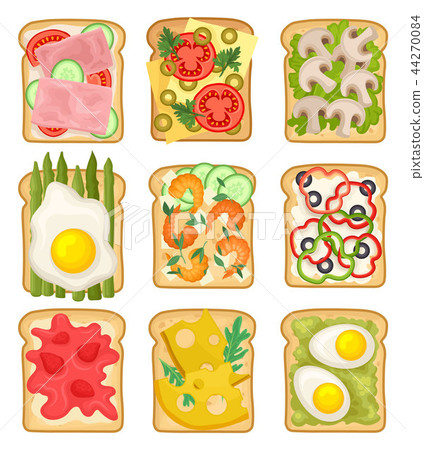 Flat vector set of sandwiches with different ingredients. Toasted bread slices with ham, strawberry 44270084