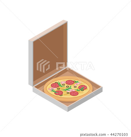 Delicious Italian pizza in cardboard box. Fast food. Isometric vector icon for website, mobile app Delicious Italian pizza in cardboard box. Fast food. Isometric vector icon for website, mobile app 44270103