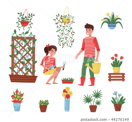 Flat vector set of garden elements. Different plants in ceramic pots, flowers in vases, cute boy and 44270149