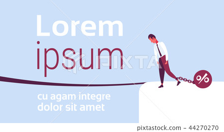 businessman pulling chain bound leg credit debt percent bomb finance crisis problem solution concept 44270270