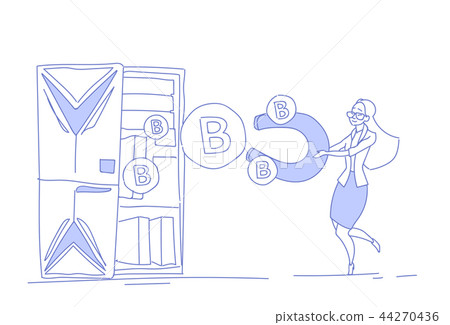 Businesswoman holding magnet pulling bitcoin successful mining concept virtual crypto currency Businesswoman holding magnet pulling bitcoin successful mining concept virtual crypto currency 44270436