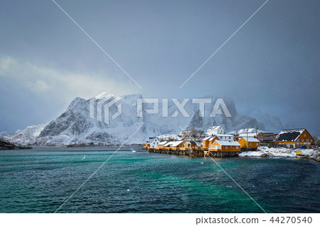 Yellow rorbu houses, Lofoten islands, Norway 44270540