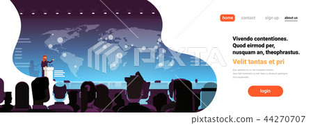 Business conference arab businessman politician talking from tribune over world map arabian speaker 44270707