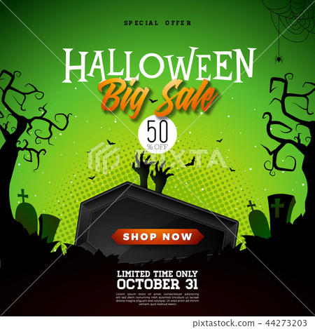 Halloween Sale vector banner illustration with scary faced shopping bag, crow, bats and cemetery on 44273203