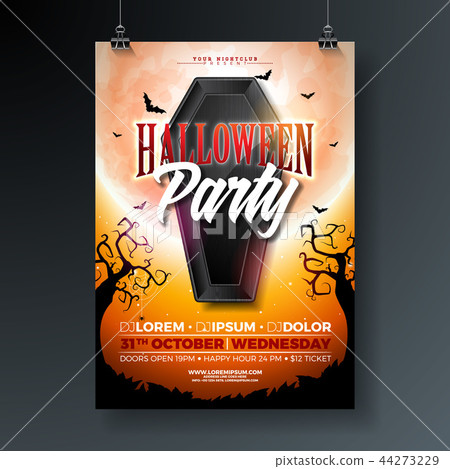 Halloween Party flyer vector illustration with black coffin and flying bats on orange moon Halloween Party flyer vector illustration with black coffin and flying bats on orange moon 44273229