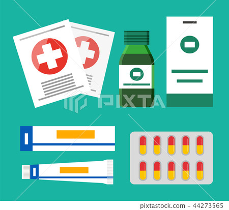 Pills Blister and Glass Bottles Vector Illustration 44273565
