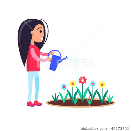 Pretty Little Girl Watering Flowers Blooming Buds 44273703