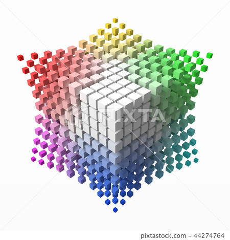 small colorful cubes builds up color theory cube. smaller cubes on corners. 3d style vector small colorful cubes builds up color theory cube. smaller cubes on corners. 3d style vector 44274764