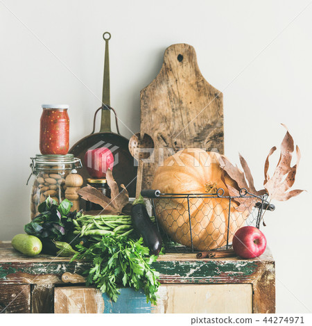 Autumn seasonal food ingredients and kitchen utensils, square crop Autumn seasonal food ingredients and kitchen utensils, square crop 44274971