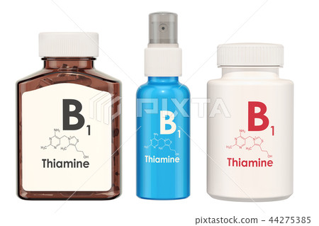 Vitamin B1, thiamine. Medical bottles with pills Vitamin B1, thiamine. Medical bottles with pills 44275385
