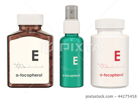 Vitamin E, tocopherols. Medical bottles with pills 44275458