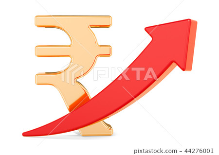 Rupee symbol with red arrow up, 3D rendering 44276001