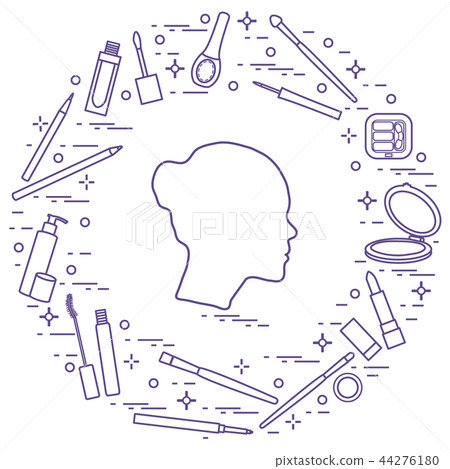 Silhouette of female head and various accessories 44276180