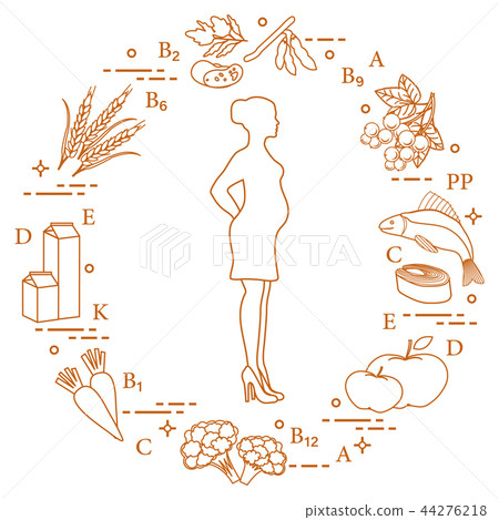 Pregnant woman and foods rich in vitamins 44276218