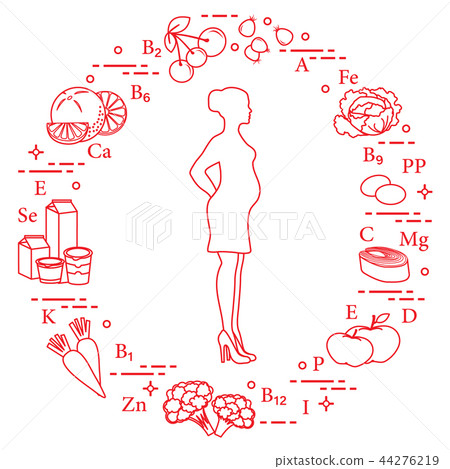 Pregnant woman and foods rich in vitamins 44276219